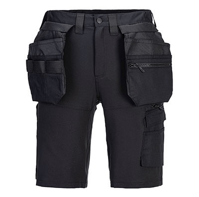 The **Craft Holster Shorts** in black feature 4-way stretch fabric for flexibility, 12 pockets including zip-off holster pockets, reinforced tool loops, and a high-rise waistband for comfort and durability. CE certified with UPF 40+ for UV protection.