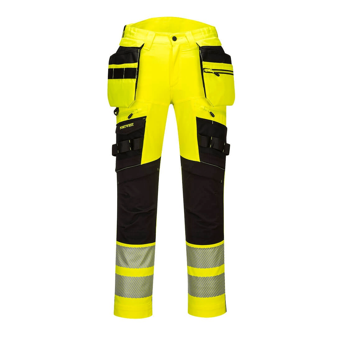 DX4 Hi-Vis Detachable Holster Pocket Trousers with 4-way stretch fabric, adjustable knee pads, multiple utility pockets, reinforced stitching, and reflective tape for visibility and comfort.