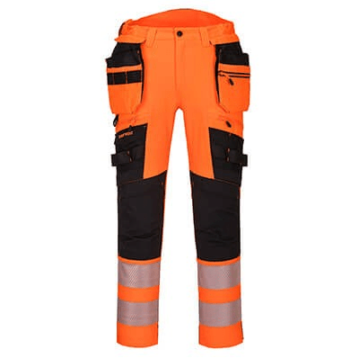 DX4 Hi-Vis Detachable Holster Pocket Trousers with 4-way stretch fabric, adjustable knee pads, multiple utility pockets, reinforced stitching, and reflective tape for visibility and comfort.