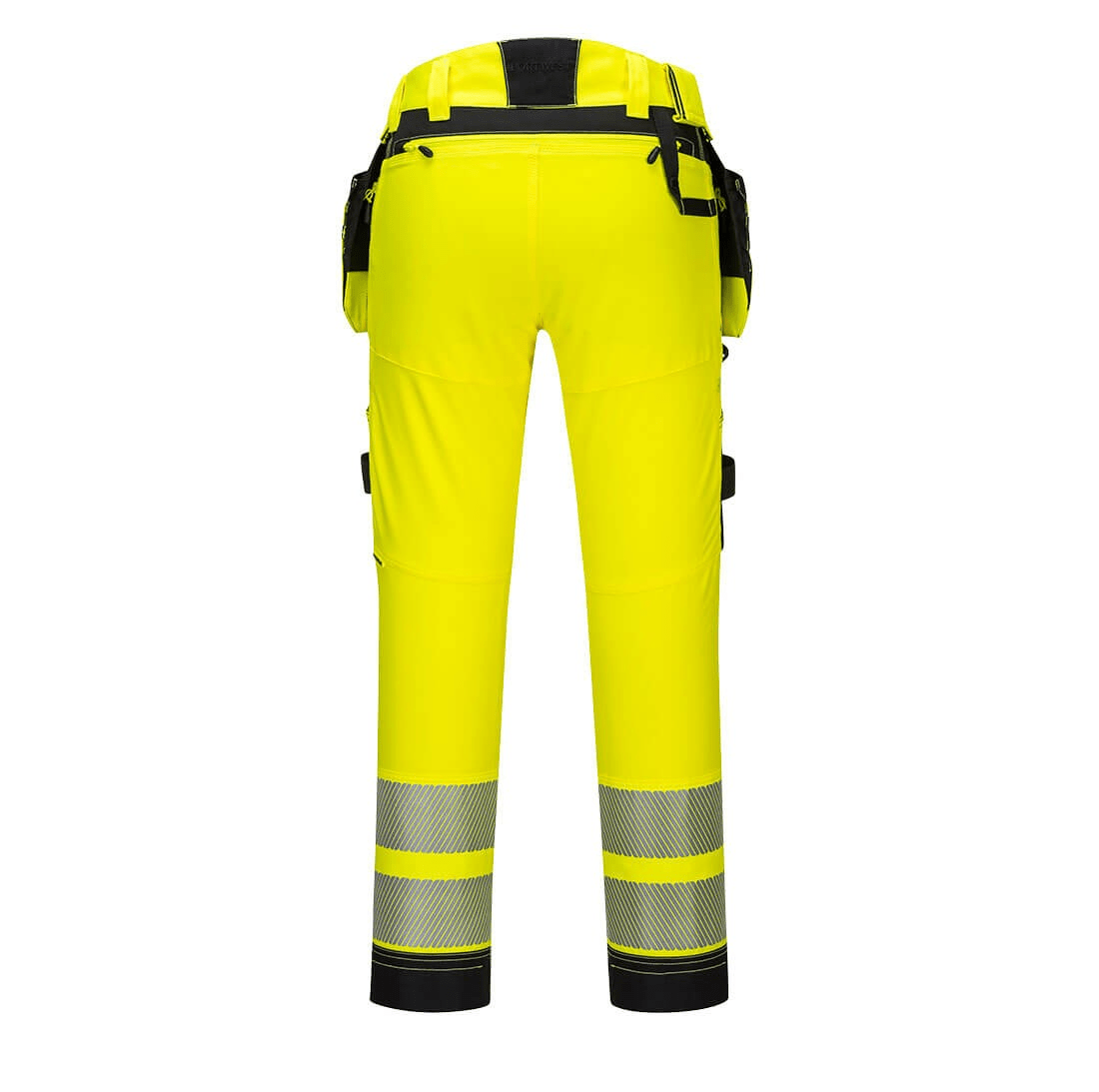 DX4 Hi-Vis Detachable Holster Pocket Trousers with 4-way stretch fabric, adjustable knee pads, multiple utility pockets, reinforced stitching, and reflective tape for visibility and comfort.