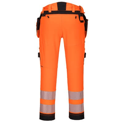 DX4 Hi-Vis Detachable Holster Pocket Trousers with 4-way stretch fabric, adjustable knee pads, multiple utility pockets, reinforced stitching, and reflective tape for visibility and comfort.