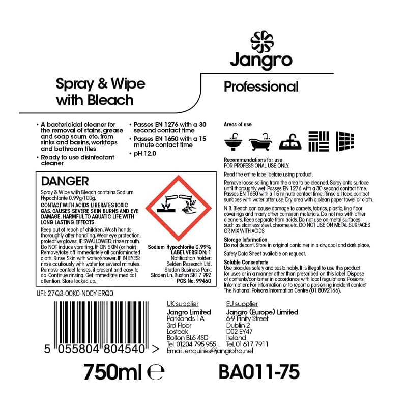 jangro spray wipe bleach product label